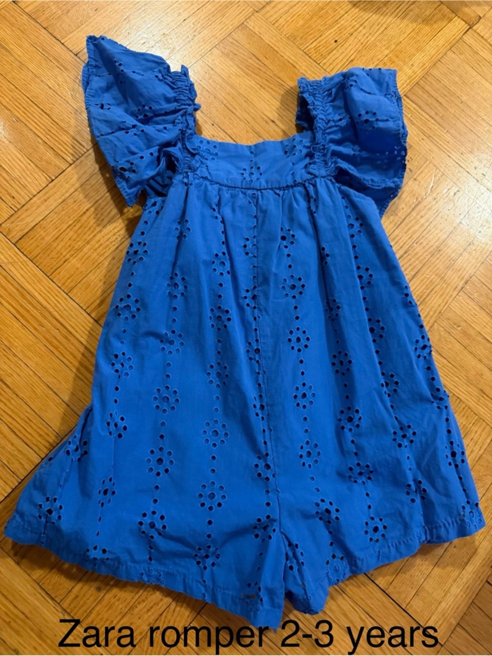 Zara Kids Royal Blue Eyelet Romper Dress with Flutter Sleeves